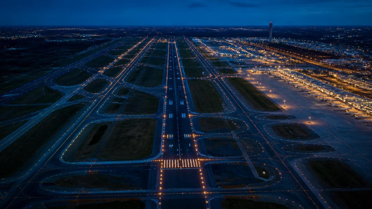 Aerial view of an illuminated airport runway system