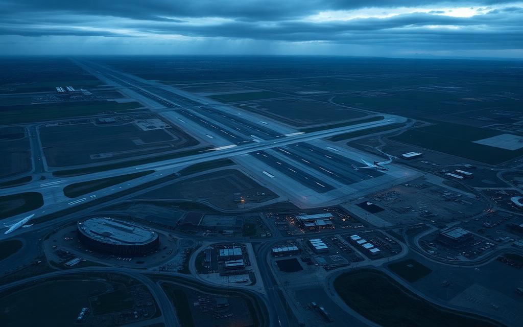 Aerial view of a new airport construction site with runways and taxiways
